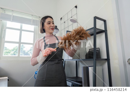 Professional Housekeeper Dusting Shelves in Modern Home Interior with Feather Duster Professional Housekeeper Dusting Shelves in Modern Home Interior with Feather Duster 116458214
