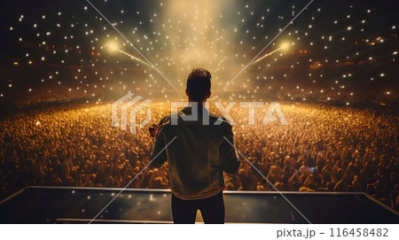 Star Singer Entertains Massive Crowd: Stars Back View in Concert Stadium. Generative ai 116458482