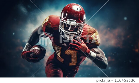Dynamic American Football Player in Action with Ball and Helmet. Generative ai Dynamic American Football Player in Action with Ball and Helmet. Generative ai 116458530