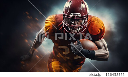 Dynamic American Football Player in Action with Ball and Helmet. Generative ai Dynamic American Football Player in Action with Ball and Helmet. Generative ai 116458533