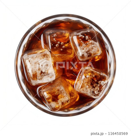 Top View of Glass with Soft Soda Drink and Ice Cubes Isolated on White Background. Generative ai 116458569