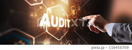 Audit Business Technology and Internet concept. Businessman touching finger inscription 116458709