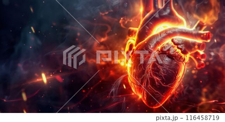 Fiery Human Heart with Vivid Flames. Generative ai 116458719