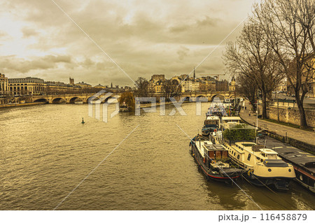 View of the Seine River and the city island from the Arts Bridge. Paris, France View of the Seine River and the city island from the Arts Bridge. Paris, France 116458879