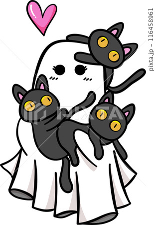 Cute Cartoon ghost with his cats in Halloween illustration 116458961