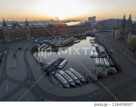 Amsterdam Historical Center Aerial morning View. Dam Street in Amsterdam, the Netherlands. Calm Dawn City, Centraal. Amsterdam Historical Center Aerial morning View. Dam Street in Amsterdam, the Netherlands. Calm Dawn City, Centraal. 116459087