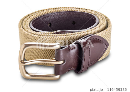 Closeup view of single men's metal buckle stretch braided belt. 116459386