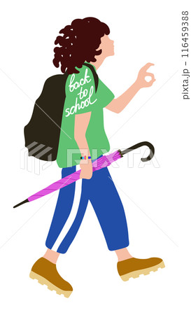 Back to school. Young girl with backpack and umbrella going to school after summer holidays. Education concept. Vector isolated illustration Back to school. Young girl with backpack and umbrella going to school after summer holidays. Education concept. Vector isolated illustration 116459388