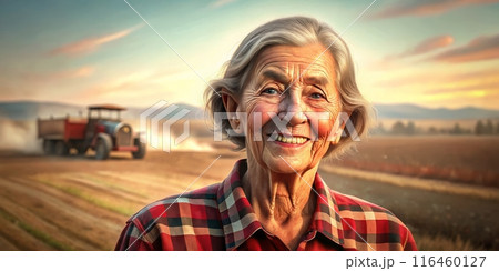 A portrait of an old woman farmer in the field. Generative ai. A portrait of an old woman farmer in the field. Generative ai. 116460127