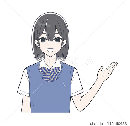 笑顔で説明をする漫画風の女子学生イラスト 116460488