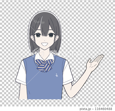 笑顔で説明をする漫画風の女子学生イラスト 116460488