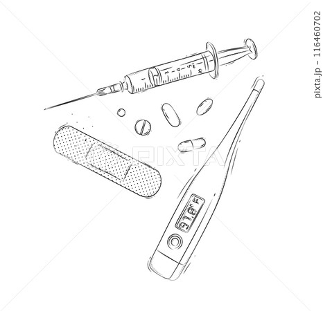 Syringe and thermometer composition in graphic style 116460702