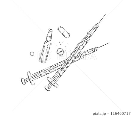 Syringe and pills set in graphic style Syringe and pills set in graphic style 116460717