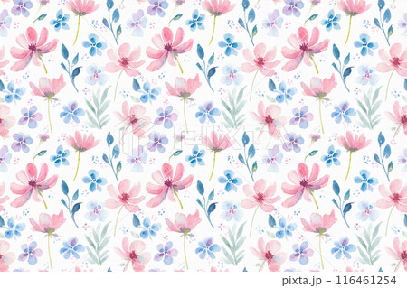 水彩画ピンクとブルーの花柄イラスト、シームレスパターン背景 116461254