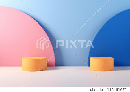 ピンクと青の円がある水色背景に二つの黄色い円柱の展示台がある立体的な抽象バナー。AI生成画像 116461672