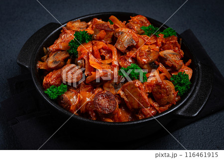 Bigos, bigus is a national Polish dish, made of cabbage and meat, stewed, homemade, no people, 116461915