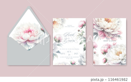 Watercolor wedding invitation template set with romantic floral peony flowers. 116461982