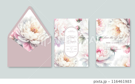 Watercolor wedding invitation template set with romantic floral peony flowers. Watercolor wedding invitation template set with romantic floral peony flowers. 116461983