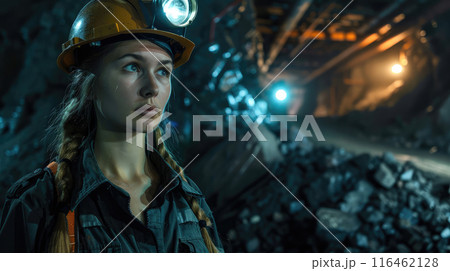 a girl in a work uniform with a helmet and a flashlight at a coal mine 116462128