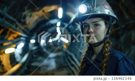a girl in a work uniform with a helmet and a flashlight at a coal mine 116462148