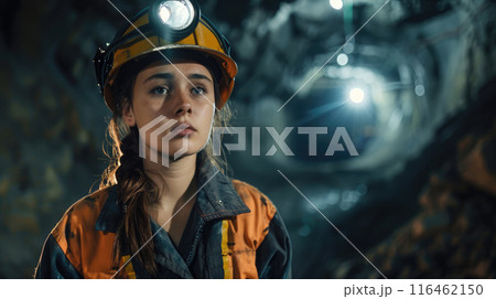 a girl in a work uniform with a helmet and a flashlight at a coal mine 116462150