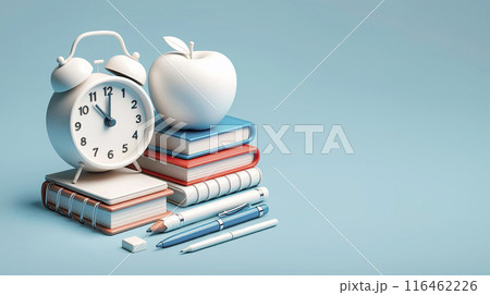 3D white alarm clock, brown book, blue pen, red apple stand horizontally in a line on a light blue background 116462226