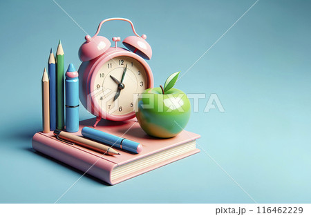 3D pink alarm clock, brown book, blue pen, red apple stand horizontally in a line on a light blue background 116462229