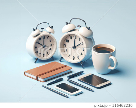 3D white alarm clock, brown book, blue pen, mobile phone standing horizontally in a line on a light blue background, minimalism, top view 116462230