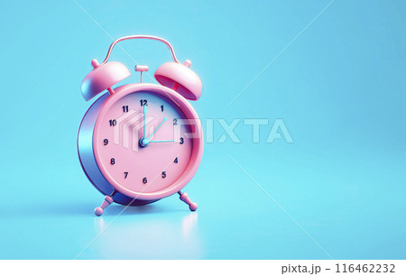 3D pink alarm clock with . Lack of time concept, running time on blue background 116462232