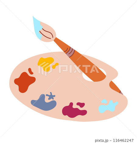 Back to school. A simple palette with paints of different colours and a brush. Artist's tools for painting. Illustration isolated on a white background Back to school. A simple palette with paints of different colours and a brush. Artist's tools for painting. Illustration isolated on a white background 116462247
