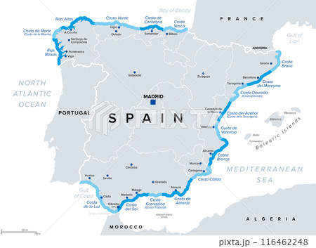Coasts of Spain, beaches and coastlines of the Spanish Riviera, political map. Spanish mainland on the Iberian Peninsula, with the touristic names of seventeen famous beaches, such as Costa del Sol. Coasts of Spain, beaches and coastlines of the Spanish Riviera, political map. Spanish mainland on the Iberian Peninsula, with the touristic names of seventeen famous beaches, such as Costa del Sol. 116462248