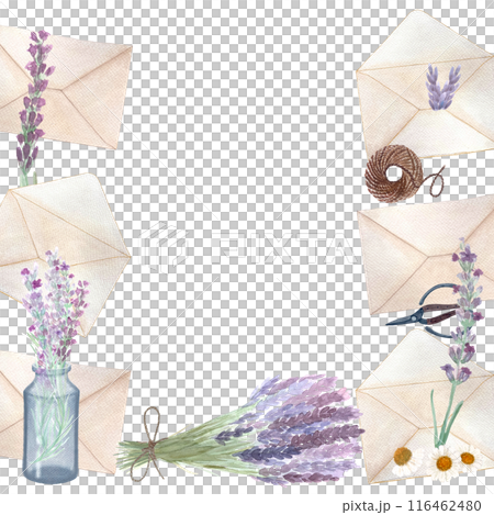 Envelopes, lavender flowers, scissors, jute rope frame isolated on white. Hand painted in watercolor. High quality stationary textured art great for cards, posters, packages, herbal production 116462480