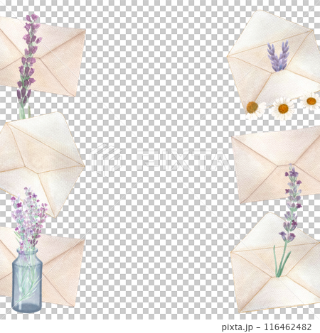 Envelopes and lavender flowers, frame isolated on white. Hand painted in watercolor. High quality stationary textured art great for cards, posters, packages, herbal production, notebooks 116462482