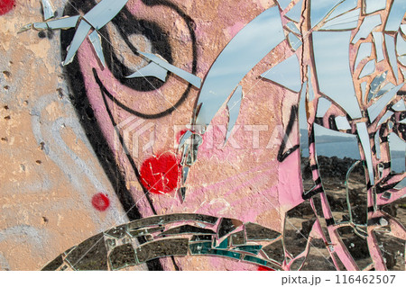 Detail of graffiti and mirror mosaic, Spain 116462507