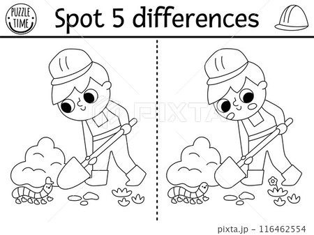 Find differences black and white game. Construction site educational activity with boy digging pit. Cute puzzle for kids with funny worker. Printable worksheet, coloring page for logic and attention Find differences black and white game. Construction site educational activity with boy digging pit. Cute puzzle for kids with funny worker. Printable worksheet, coloring page for logic and attention 116462554