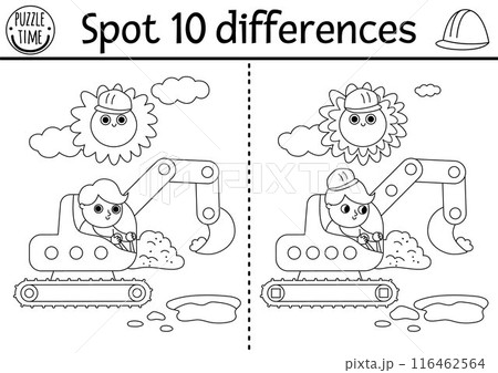 Find differences black and white game for children. Construction site educational activity with boy driver in excavator digging pit. Puzzle for kids with worker. Printable worksheet, coloring page Find differences black and white game for children. Construction site educational activity with boy driver in excavator digging pit. Puzzle for kids with worker. Printable worksheet, coloring page 116462564