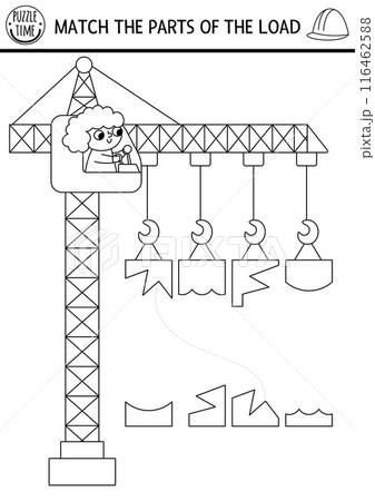 Construction site black and white shadow and shape matching activity with lifting crane, operator. Find correct silhouette printable worksheet, game, coloring page for kids. Match the parts of the Construction site black and white shadow and shape matching activity with lifting crane, operator. Find correct silhouette printable worksheet, game, coloring page for kids. Match the parts of the 116462588