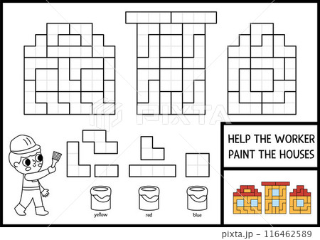 Construction site black and white shape recognition activity with painter. Building works puzzle. Find correct silhouette printable worksheet, coloring page, game for kids. Help worker paint houses Construction site black and white shape recognition activity with painter. Building works puzzle. Find correct silhouette printable worksheet, coloring page, game for kids. Help worker paint houses 116462589