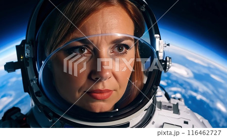 Brave astronaut sits in a spaceship while orbiting around the earth. 116462727