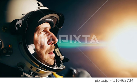 Brave astronaut sits in a spaceship while orbiting around the earth. 116462734
