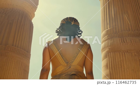 Pharaoh in traditional Egyptian clothing in an ancient Egyptian temple. 116462735