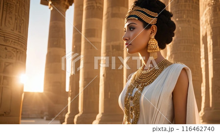 Beautiful woman in traditional Egyptian clothing in an ancient Egyptian temple. 116462740