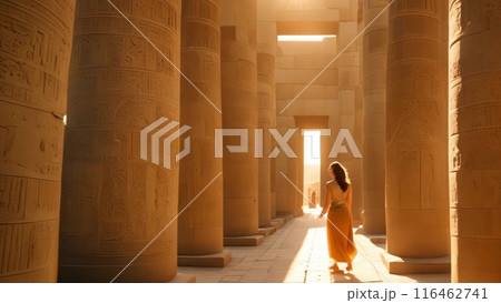 Beautiful woman in traditional Egyptian clothing in an ancient Egyptian temple. 116462741