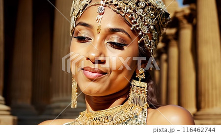 Beautiful woman in traditional Egyptian clothing in an ancient Egyptian temple. Beautiful woman in traditional Egyptian clothing in an ancient Egyptian temple. 116462744