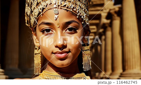 Beautiful woman in traditional Egyptian clothing in an ancient Egyptian temple. Beautiful woman in traditional Egyptian clothing in an ancient Egyptian temple. 116462745