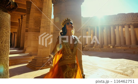 Beautiful woman in traditional Egyptian clothing in an ancient Egyptian temple. 116462751