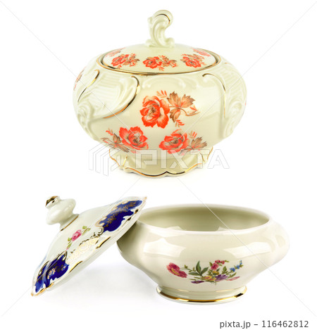 Vintage porcelain candy bowl isolated on white. Collage. Vintage porcelain candy bowl isolated on white. Collage. 116462812