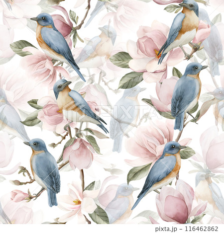 Blue birds on branches with light pink magnolia flowers. Watercolor floral seamless pattern on white background. Spring blossom for flower fabric, cosmetic packaging, wrapping paper and home textile Blue birds on branches with light pink magnolia flowers. Watercolor floral seamless pattern on white background. Spring blossom for flower fabric, cosmetic packaging, wrapping paper and home textile 116462862