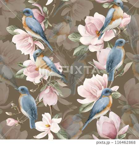 Blue birds on branches with light pink magnolia flowers. Watercolor floral seamless pattern on brown background. Spring blossom for flower fabric, cosmetic packaging, wrapping paper and home textile 116462868