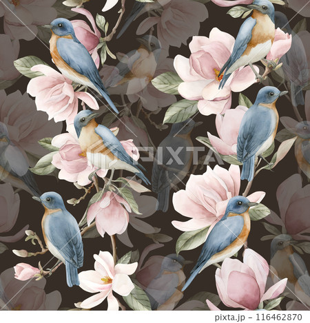 Blue birds on branches with light pink magnolia flowers. Watercolor floral seamless pattern on dark background. Spring blossom for flower fabric, cosmetic packaging, wrapping paper and home textile 116462870